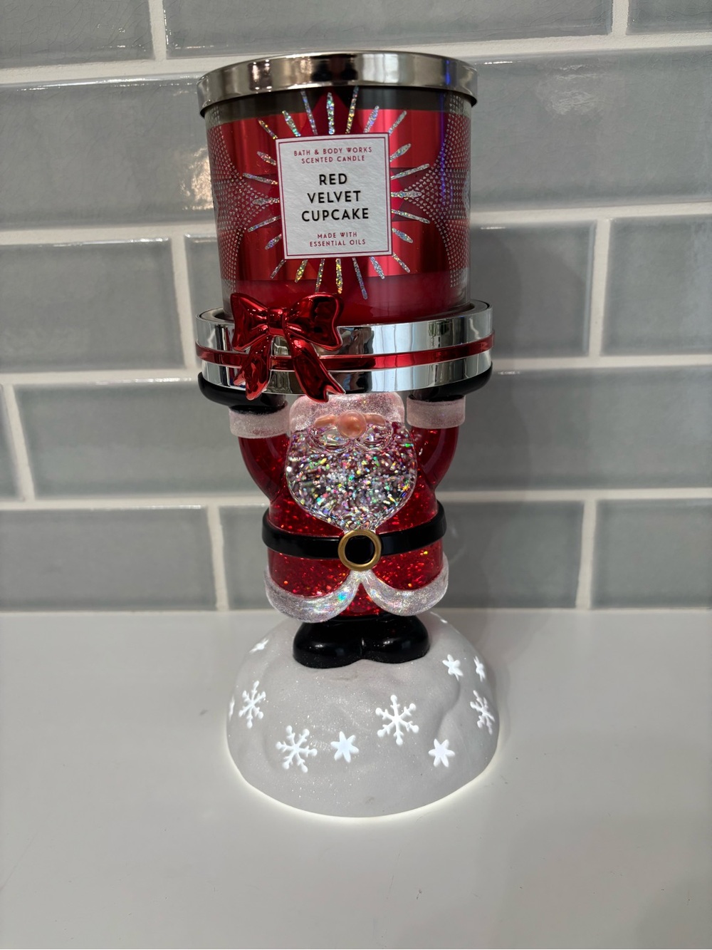 Bath & Body Works Santa Water Globe 3-Wick Pedestal Candle Holder with candle